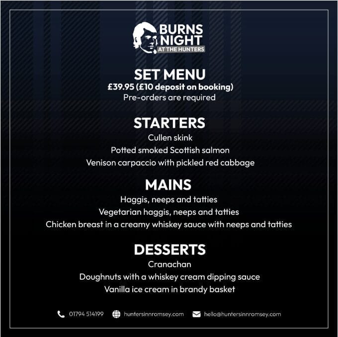 Pubs In Romsey For Burns Night - Celebrate At The Hunters Inn !